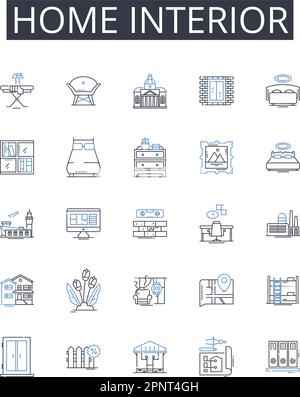 Icons-Kollektion für Innenräume. Bürofläche, Küchendesign, Wohnzimmer, Schlafzimmer, Außendesign, Bad renoviert, Gartendesign Vektor Stock Vektor
