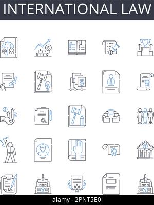 Icons-Sammlung für internationale Rechtslinien. Seerecht, Unternehmensfinanzierung, Umweltwissenschaft, Politikwissenschaft, geistiges Eigentum, Kriminell Stock Vektor