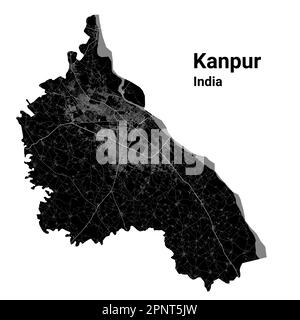 Kanpur-Karte. Detaillierte Vektorkarte des Verwaltungsgebiets der Stadt Kanpur. Stadtbild-Poster mit Blick auf die Metropolitane Aria. Schwarzes Land mit weißen Straßen und Straßen. Stock Vektor