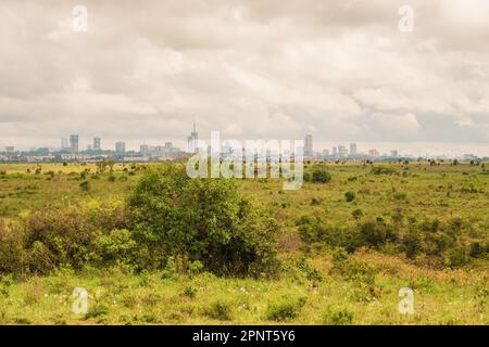 Die Skyline von Nairobi aus dem Nairobi Nationalpark, Kenia Stockfoto