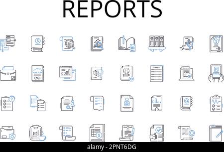 Symbolsammlung für Berichtszeilen. Datensätze, Dateien, Dokumente, Konten, Bulletins, Briefings, Ankündigungen, Vektor und lineare Darstellung. Zusammenfassungen Stock Vektor