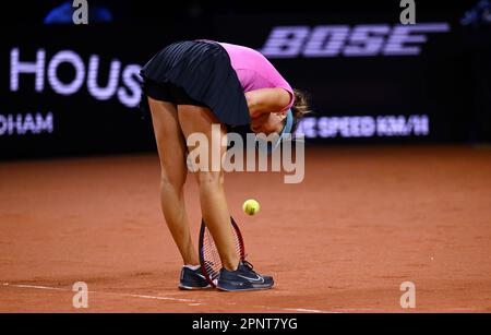 Stuttgart, Deutschland. 20. April 2023. Tennis: WTA Tour - Stuttgart, Singles, Frauen, 2. Runde in Porsche Arena, Maria (Deutschland) - Garcia (Frankreich). Tatjana Maria reagiert. Kredit: Marijan Murat/dpa/Alamy Live News Stockfoto