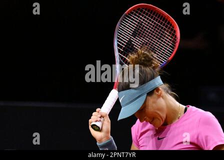 Stuttgart, Deutschland. 20. April 2023. Tennis: WTA Tour - Stuttgart, Singles, Frauen, 2. Runde in Porsche Arena, Maria (Deutschland) - Garcia (Frankreich). Tatjana Maria reagiert. Kredit: Marijan Murat/dpa/Alamy Live News Stockfoto