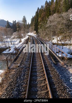 Winterspuren auf der Akita Nairiku Line in der Präfektur Akita, Japan. Stockfoto