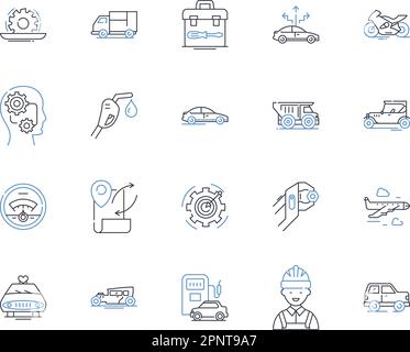 Icons-Kollektion für Transportstraßen. Fracht, Lkw, Transport, Logistik, Distribution, Fracht, Liefervektor und lineare Darstellung. Autobahn, Wohnwagen Stock Vektor