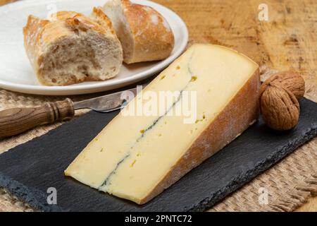 Käsesammlung, halbweicher Kuhmilchkäse von French Morbier mit schwarzer Schimmelschicht Stockfoto
