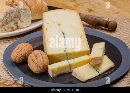 Käsesammlung, halbweicher Kuhmilchkäse von French Morbier mit schwarzer Schimmelschicht Stockfoto