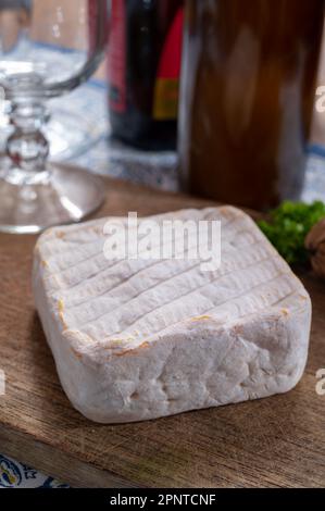 Käse und Bier, belgisches Bier und Kuhmilchgelbkäse mit weißem Schimmel aus Brügge, Belgien Stockfoto