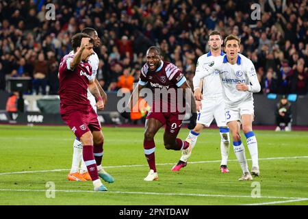 LONDON, Großbritannien – 20. April 2023: Michail Antonio von West Ham United feiert das gleichmäßige Tor seiner Seite und erzielt beim Viertelfinale der UEFA Europa Conference League in der zweiten Etappe zwischen West Ham United und KAA Gent im London Stadium 1-1 Punkte. Kredit: Craig Mercer/Alamy Live News Stockfoto