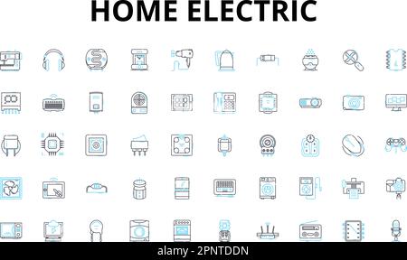 Heim Elektrische lineare Symbole eingestellt. Spannung, Stromstärke, Wattleistung, Stromkreis, Ausgang, Schalter, Sicherungsvektorsymbole und Linienzeichen. Trennschalter, Erdung Stock Vektor