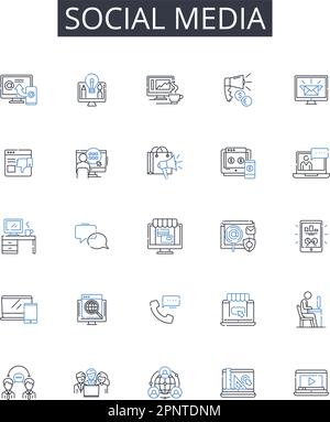 Sammlung von Zeilensymbolen für soziale Medien. Digitales Marketing, Online-Nerking, Webpräsenz, Cyber-Kommunikation, Internet-Sharing, Virtuelle Community Stock Vektor