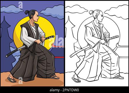 Samurai-Malerseite – Farbige Illustration Stock Vektor