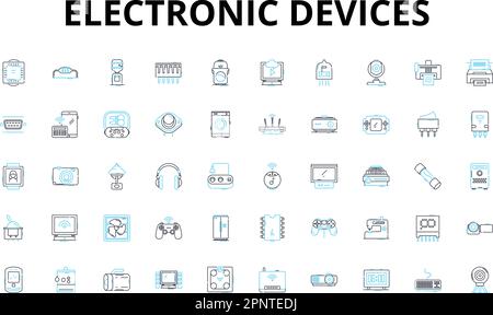 Lineare Symbole für elektronische Geräte eingestellt. Smartph, Tablet, Notebook, Desktop, Smartwatch, Kopfzeichen, Vektorsymbole für Lautsprecher und Linienzeichen. Kamera, Dr. Stock Vektor