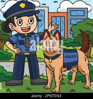 Polizeibeamter und Polizeihund farbiger Cartoon Stock Vektor