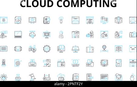 Lineare Symbole für Cloud-Computing festgelegt. Speicher, Computing, Virtualisierung, Skalierbarkeit, Sicherheit, Nerk, Plattformvektorsymbole und Linienkonzepte Stock Vektor