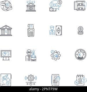 Symbolsammlung für Börsenlinien. Aktien, Handel, Investitionen, Eigenkapital, Indizes, Bullen, Bären, Vektor und lineare Darstellung. Wertpapiere, Dividenden Stock Vektor