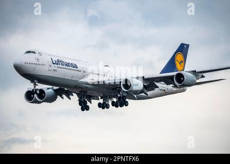 Flugzeug nähert sich Frankfurt Main Airport, FRA, Lufthansa Boeing 747-400, JumboJet, D-ABYK, Stockfoto