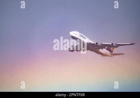 Flugzeug nach dem Start vom Flughafen Frankfurt/Main, FRA, Lufthansa Boeing 747 Jumbo Jet, in Regenbogen, Stockfoto