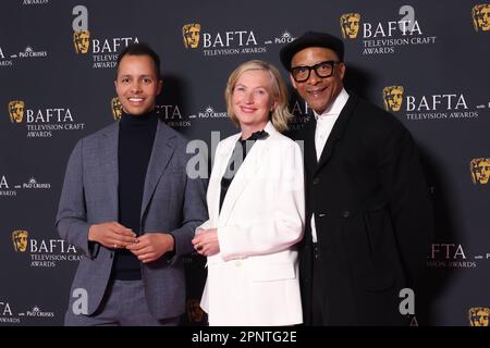 (Links-rechts) will Kirk, Kristen Ramsay und Jay Blades nehmen an der Nominierungsparty für die BAFTA TV and Craft Awards bei Tate Britain in London Teil. Foto: Donnerstag, 20. April 2023. Stockfoto