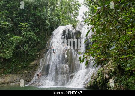 Dahzmany Báez, 16, springt am 21. August 2022 von einem Wasserfall auf dem Fluss Gozalandia, einer der geschäftigsten Touristenattraktionen in San Sebastián, Puerto Rico. (Coraly Cruz Mejías/Global Press Journal) Stockfoto
