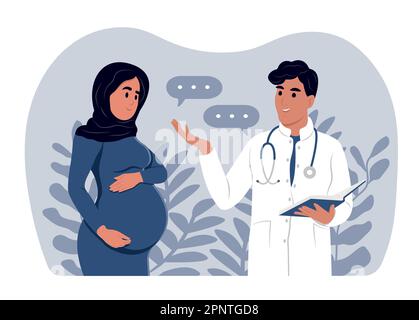 Muslimische Frau erwartet ein Baby in der Arztpraxis, Untersuchung während der Schwangerschaft. Eine schwangere Frau spricht mit einem Gynäkologen. Stock Vektor
