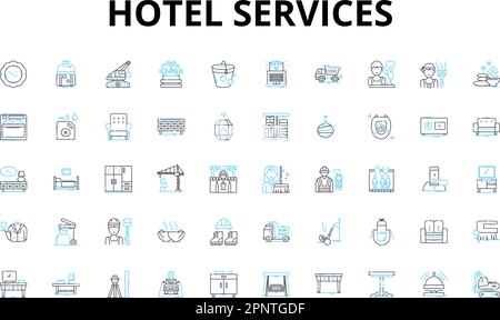 Hotel-Services linearer Symbolsatz. Ospitality, Unterkünfte, Annehmlichkeiten, Concierge, Zimmerservice, Housekeeping, Empfang, Vektorsymbole und Linien Stock Vektor