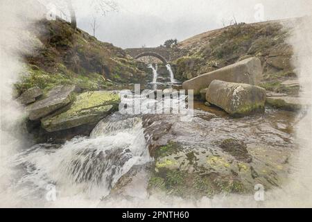 Drei Auenköpfe. Ein digitales Aquarellgemälde eines herbstlichen Wasserfalls und einer Steinpferdbrücke im Three Shires Head im Peak District, Großbritannien. Stockfoto