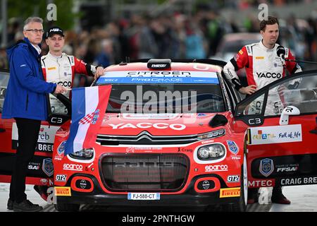 Zagreb, Kroatien. 20. April 2023. ZAGREB, KROATIEN - APRIL 20: Yohan Rossell aus Frankreich und Arnaud Dunand aus Frankreich werden auf dem Startpodium während der WRC Kroatien Zeremonialfeier am 20. April 2023 in Zagreb, Kroatien, gesehen. Foto: Igor Soban/PIXSELL Credit: Pixsell/Alamy Live News Stockfoto