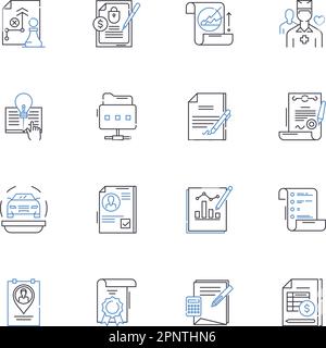 Symbolsammlung für Verbindlichkeitszeilen. Fahrlässigkeit, Risiko, Verpflichtung, Verantwortung, Verantwortlichkeit, Verantwortlichkeit, Schaden, Schadensvektor und lineare Darstellung. Unfälle Stock Vektor