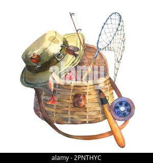 Zusammensetzung der Aquarelle mit Angeltasche, Angelrute, Hut, Netz und Angelzubehör, Isoliert auf weißem Hintergrund. Ausschneiden des Clip Art-Elements für Stockfoto