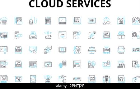 Lineare Symbolgruppe für Cloud-Dienste. Integration, Skalierbarkeit, Zugänglichkeit, Zuverlässigkeit, Sicherheit, Effizienz, Flexibilität, Vektorsymbole und Linie Stock Vektor