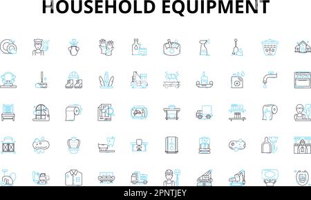 Lineare Symbole für Haushaltsgeräte. Mixer, Spülmaschine, Kühlschrank, Mikrowelle, Toaster, Ofen, Vakuum-Vektorsymbole und Linienkonzepte Stock Vektor