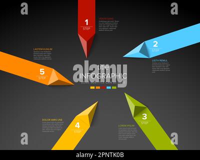 Vector Dark Multipurpose Infografik-Vorlage aus fünf farbigen großen Dreieckspfeilen und -Streifen, die ein Schrittdiagramm mit Zahlenbeschreibungen und enthalten Stock Vektor