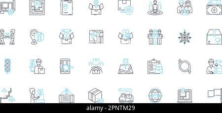 Lineare Symbole für Versanddienste festgelegt. Logistik, Lieferung, Versand, Verpackung, Transport, Verteilungs-, Lagerlinienvektor- und Konzeptzeichen Stock Vektor