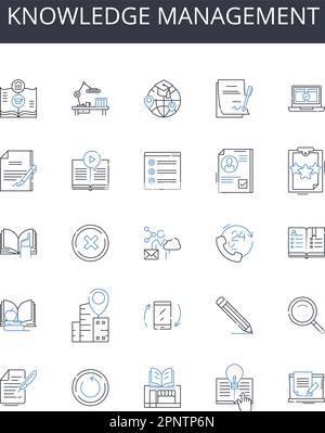 Sammlung der Liniensymbole für das Knowledge Management. Personalbeschaffung, Datenanalyse, Ressourcenzuweisung, Risikomanagement, Markenwahrnehmung, Mitarbeiter Stock Vektor