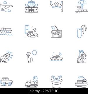 Wanderlust Travelers Line Icons Kollektion. Abenteuerlustig, Nomadic, Explorer, Roaming, Wandern, Neugierige, auffällige Vektor- und lineare Illustration Stock Vektor