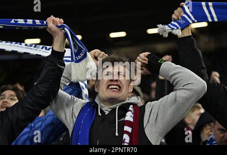 London, Großbritannien. 20. April 2023. Ein Gent-Fan beim West Ham gegen KAA Gent UEFA Europa Conference League Match im London Stadium Stratford. Kredit: MARTIN DALTON/Alamy Live News Stockfoto