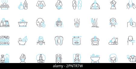 Lineare Symbole für das Hautpflegeschema. Feuchtigkeitscreme, Reinigungsmittel, TR, SPF, Peeling, Serum, Hydrationslinienvektor und Konzeptzeichen. Akne, Anti-Aging, Retinol Stock Vektor