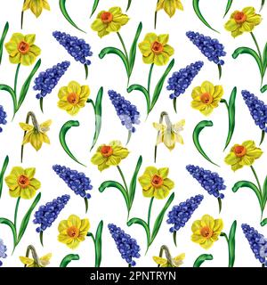 Nahtloses Vektormuster mit bunten Frühlingsblumen. Gelbe Narzissen, blaue Muscari, grüne Blätter. Verpackungsdesign, Abdeckung, Stoff, Hoden. Stock Vektor