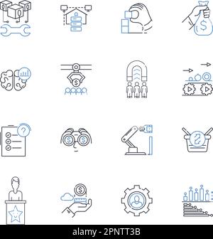 Sammlung von Symbolen für Zeilen für automatisierte Prozesse. Effizienz, Optimierung, Optimierung, Produktivität, Automatisierung, Robotik, Integrationsvektor und linear Stock Vektor