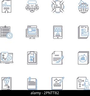 Symbolsammlung für Experimentierlinien. Forschung, Hypothese, Variablen, Kontrolle, Daten, Analyse, Prozedurvektor und lineare Darstellung. Verhandlung Stock Vektor