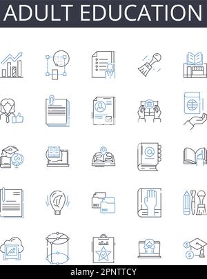 Kollektion mit Symbolen für die Erwachsenenbildung. Hochschulbildung, berufliche Entwicklung, Weiterbildung, lebenslanges Lernen, Erwachsenenbildung, Senioren Stock Vektor
