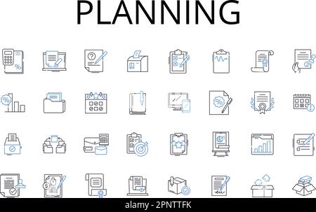 Symbolsammlung für Planungslinien. Vorbereiten, Organisieren, Planen, Strategieren, Zuordnen, Erstellen von Blaupausen, Entwerfen von Layoutvektoren und Linear Stock Vektor