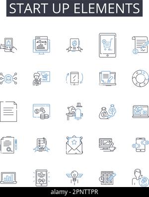 Starten Sie die Sammlung der Liniensymbole für Elemente. Unternehmensstart, Anfangsphase, Betriebsbeginn, Anfangsphase, Primärphase, Starterkit, Öffnen Stock Vektor