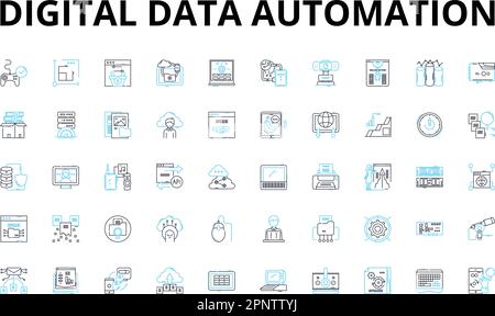 Lineare Symbole für die digitale Datenautomatisierung. Algorithmus, Analysen, Automatisierung, Backend, Big Data, Wolke, Code-Vektorsymbole und Linien-Konzeptzeichen. Daten Stock Vektor