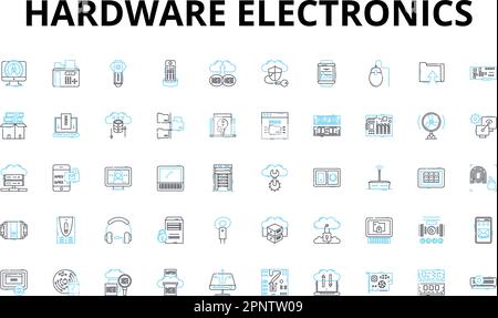 Hardware-Elektronik, lineare Symbole eingestellt. Schaltkreise, Mikrocontroller, Kondensator, Transistor, Diode, Widerstände, Halbleitervektorsymbole und Linie Stock Vektor