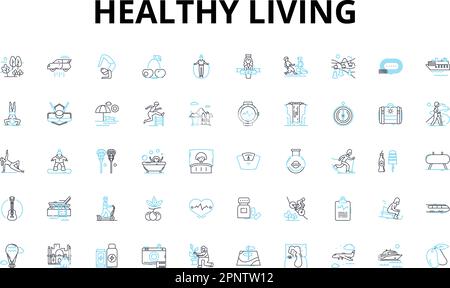 Gesundes Leben Lineare Symbole gesetzt. Ernährung, Bewegung, Meditation, Wellness, Reinigung, Organische, Yoga-Vektorsymbole und Linienkonzepte. Flüssigkeitszufuhr Stock Vektor
