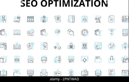 Lineare Symbole für SEO-Optimierung festgelegt. Schlüsselwörter, Organisch, Ranking, Traffic, Algorithmus, Backlinks, SERP-Vektorsymbole und Linienkonzepte. Meta-Tags Stock Vektor