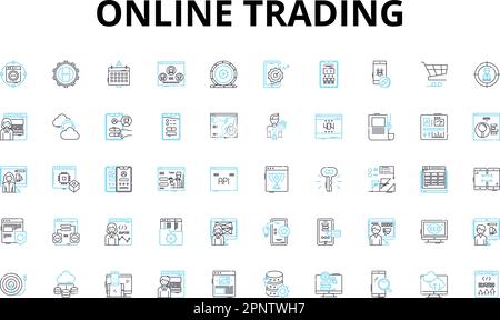 Lineare Symbole für Online-Handel festgelegt. Aktien, Devisen, Kryptowährung, Optionen, Futures, Brokerage, Handelsvektorsymbole und Linienkonzepte Stock Vektor