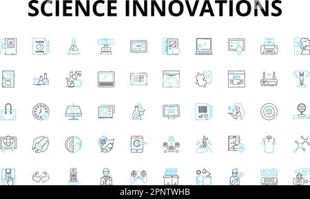 Wissenschaftliche Innovationen Lineare Symbole. Biotechnologie, Nanotechnologie, Robotik, Genetik, Quantum, Neurowissenschaften, Biomechanik Vektorsymbole und Linie Stock Vektor